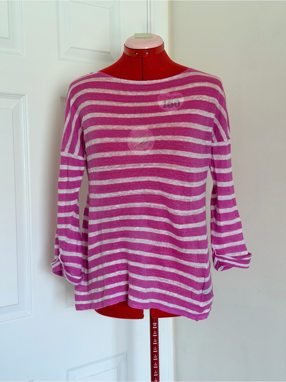 Vintage Lauren Ralph Lauren 100% Linen Boatneck Top Pink White Stripe S Pullover